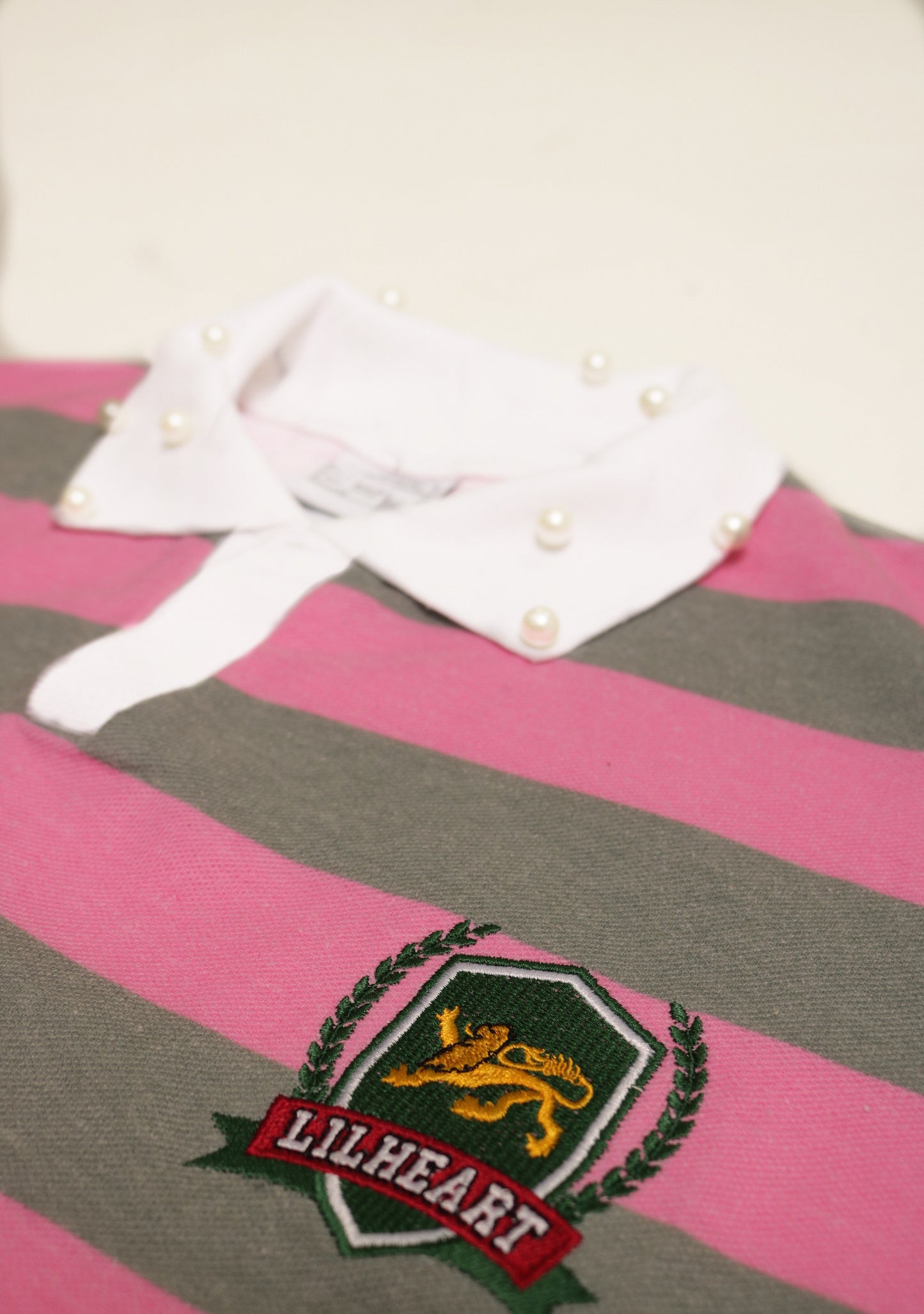 Pink and Grey Lion Striped Collared T-Shirt