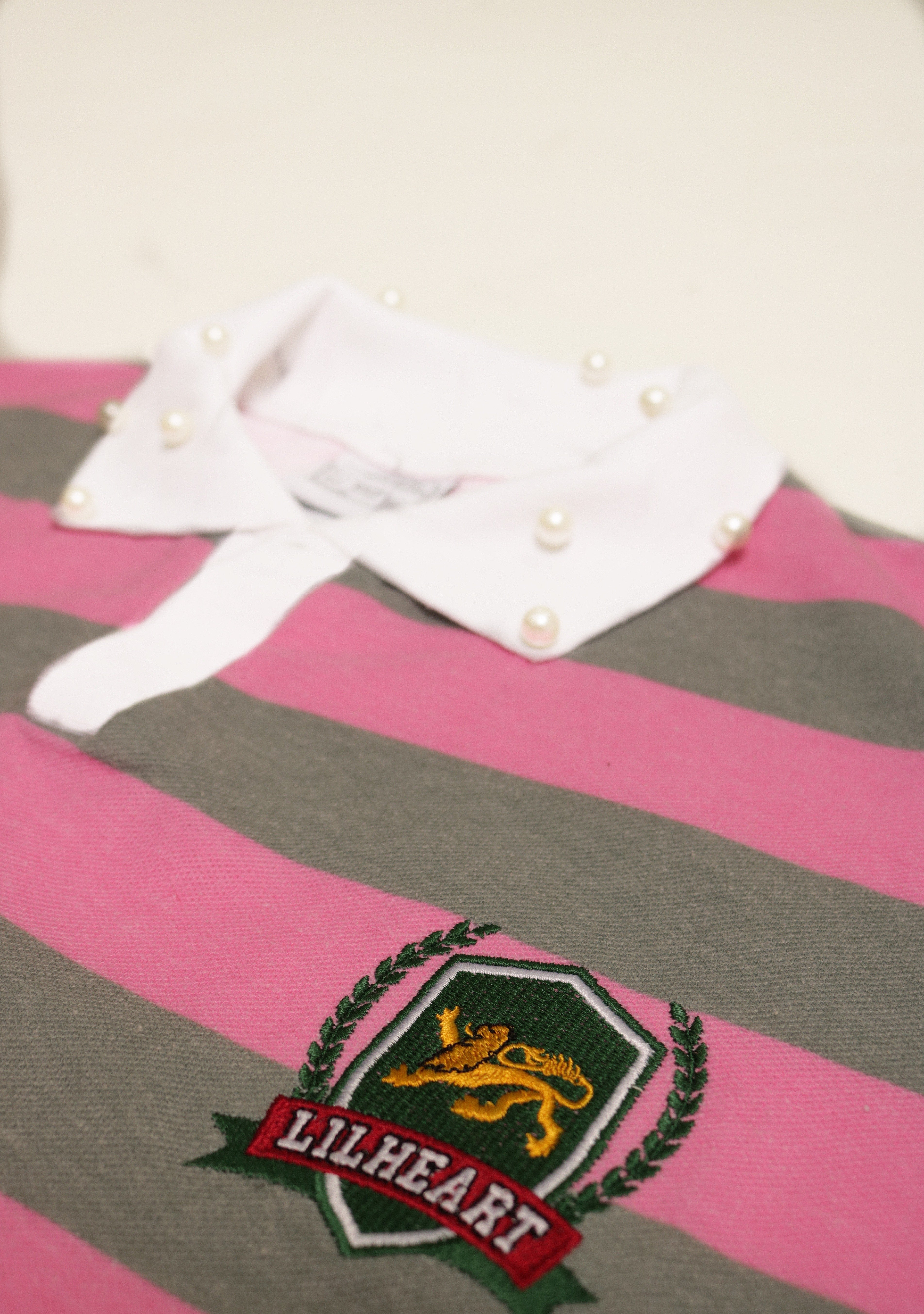 Pink and Grey Lion Striped Collared T-Shirt