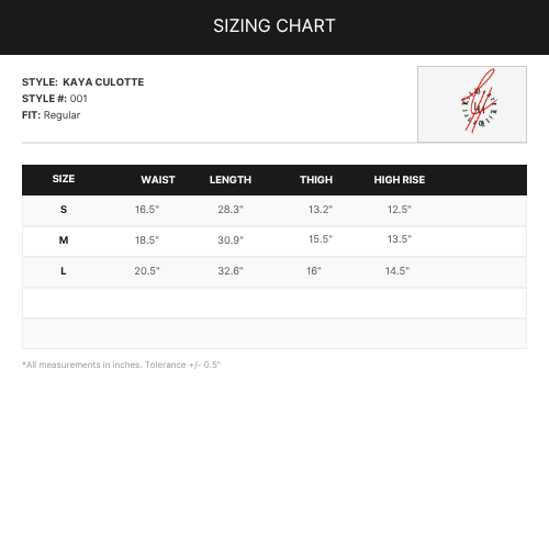 Kaya Koi Culotte sizing chart